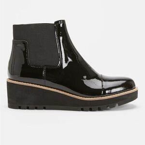 Eileen Fisher Black Patent Leather Wedge Chelsea Booties